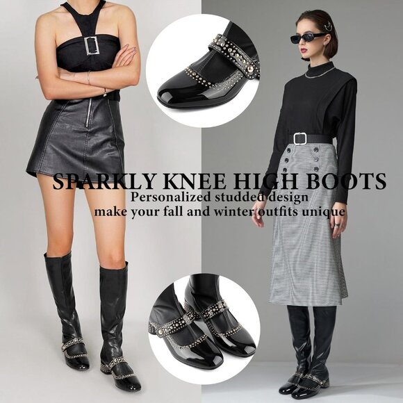 ⚡Women's Round Toe Comfortable Chunky Block Heel Elastic Stretch Tall Boots - Picture 3 of 6